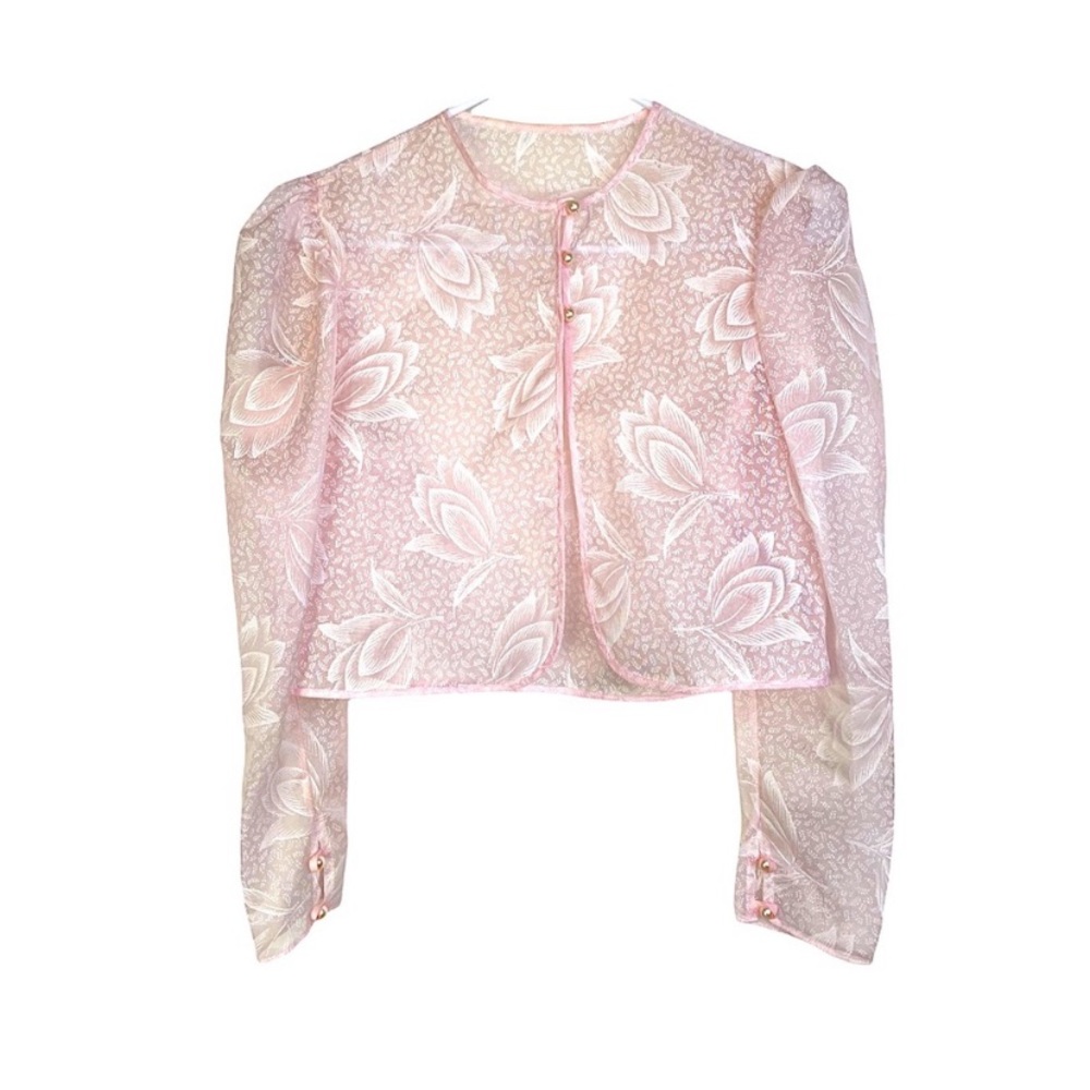 Vintage 90s Sheer Baby Pink Cropped Jacket Floral Pearl Buttons Mesh Puff Sleeve